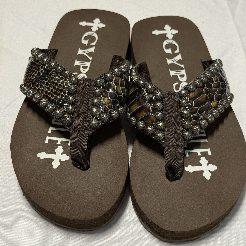 Gypsy Soule Studded Snakeskin Flip Flops Women’s SZ 7 Brown, Western, Sandals - Picture 9 of 16